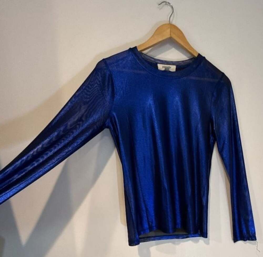 Porridge Blue Metallic Mesh Long Sleeve Top